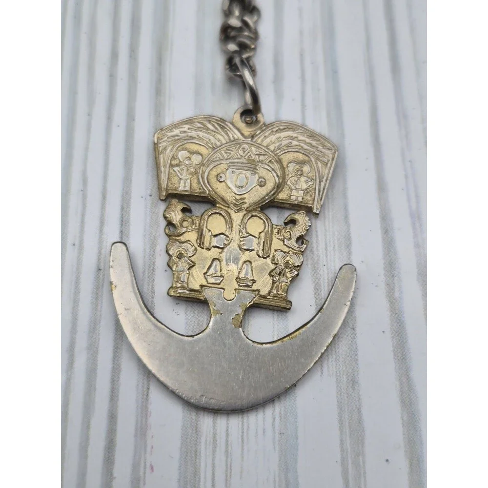 Vintage Peruvian Inca Tumi Ceremonial Knife Key Chain Naylamp Silver Tone Metal
